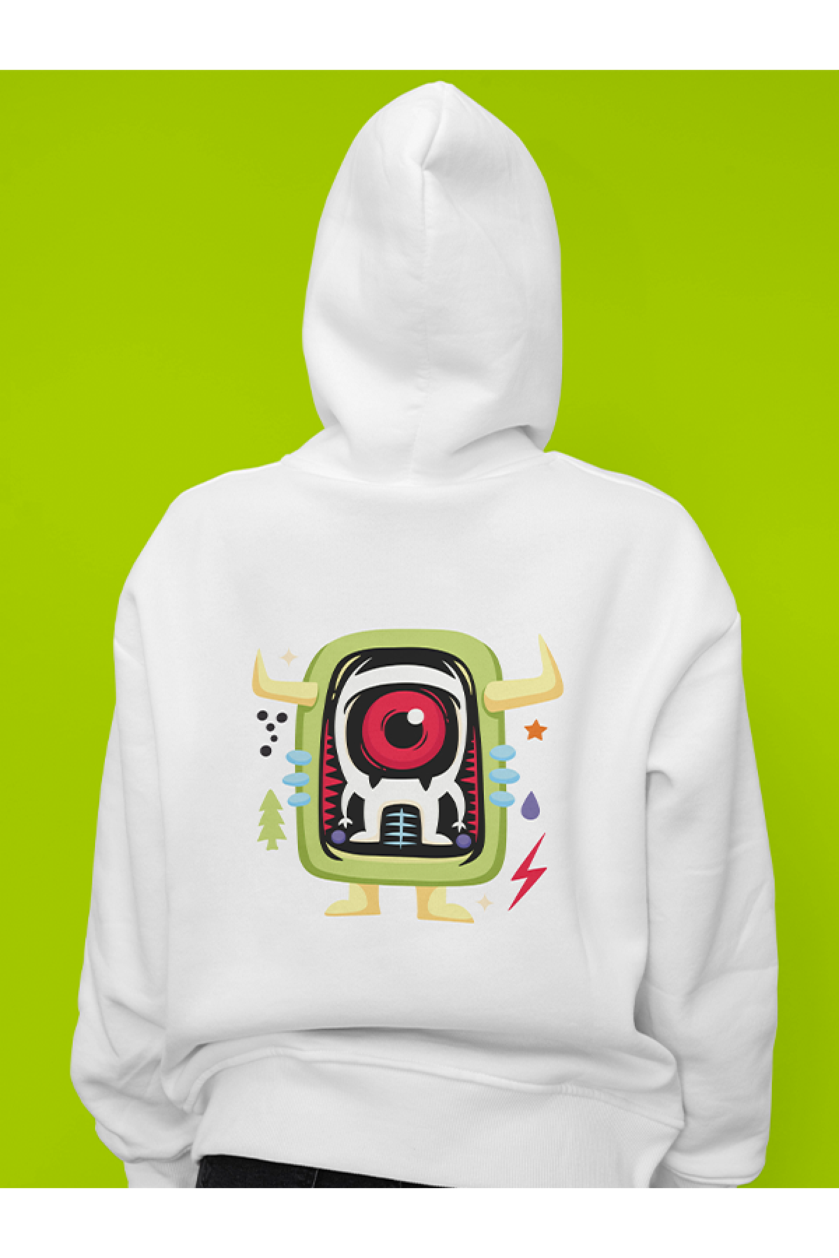 MIJUSTORE Monster Uzaylı Arkası Baskılı Tasarım 2 İplik Şardonlu Beyaz Hoodie Sweatshirt