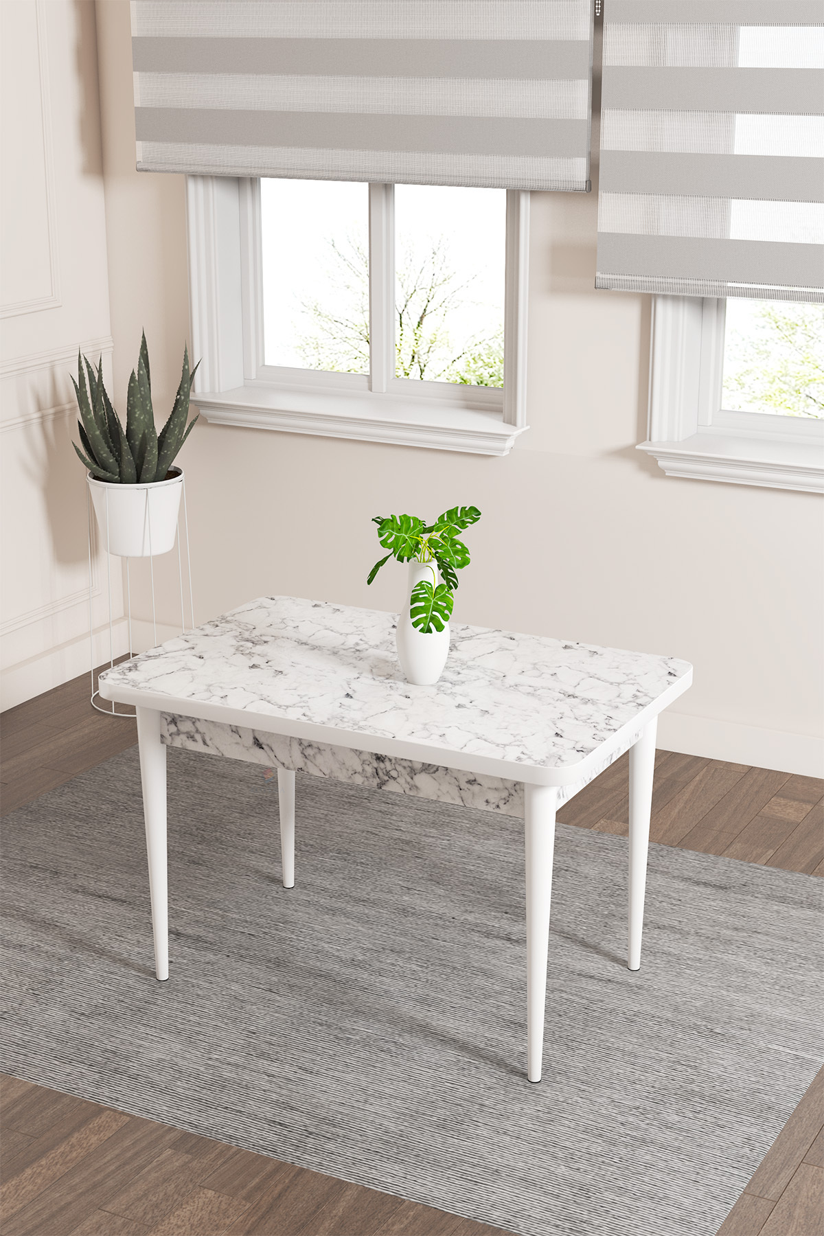 Rovena Lera Beyaz Mermer Desen 70x110 Mdf Sabit Yemek Masası Takımı 4 Adet Sandalye