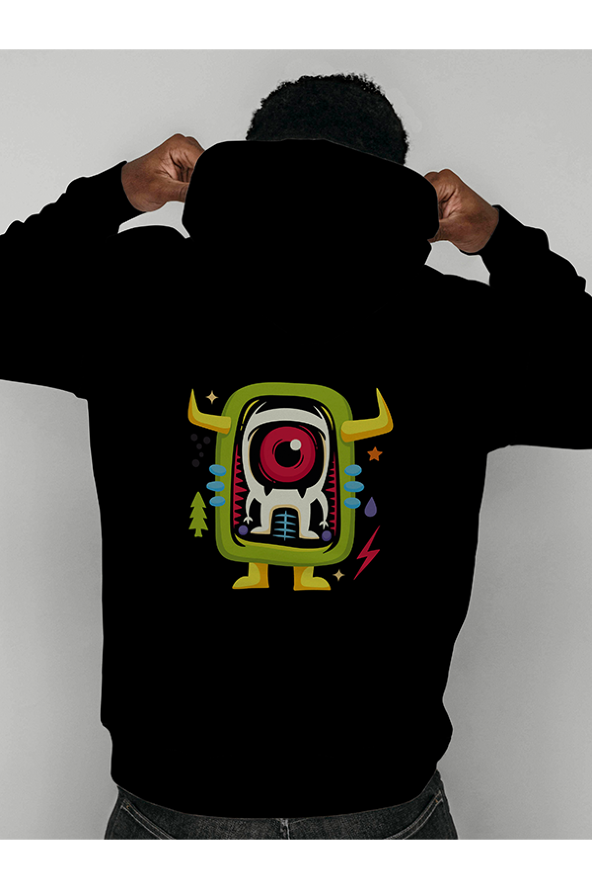 MIJUSTORE Monster Uzaylı Arkası Baskılı Tasarım 2 İplik Şardonlu Siyah Hoodie Sweatshirt