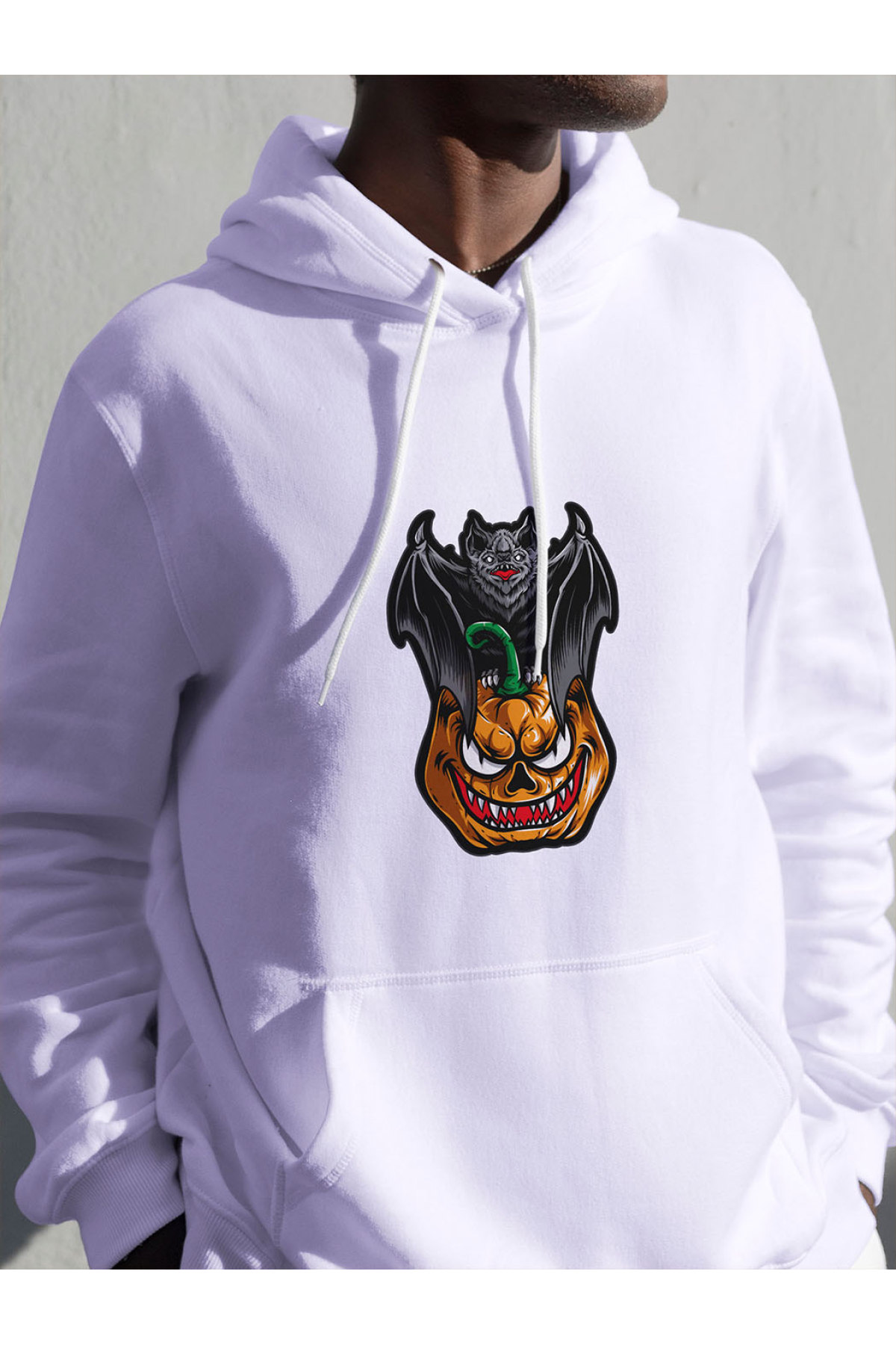 MIJUSTORE Bal Kabağı Baskılı Hallowen Oversize Beyaz 3 İplik Kalın Sweatshirt Hoodie