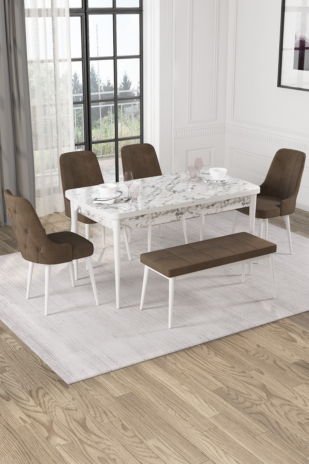 Rovena Alya Beyaz Mermer Desen 80x132 Mdf Açılabilir Yemek Masası Takımı 4 Sandalye 1 Bench
