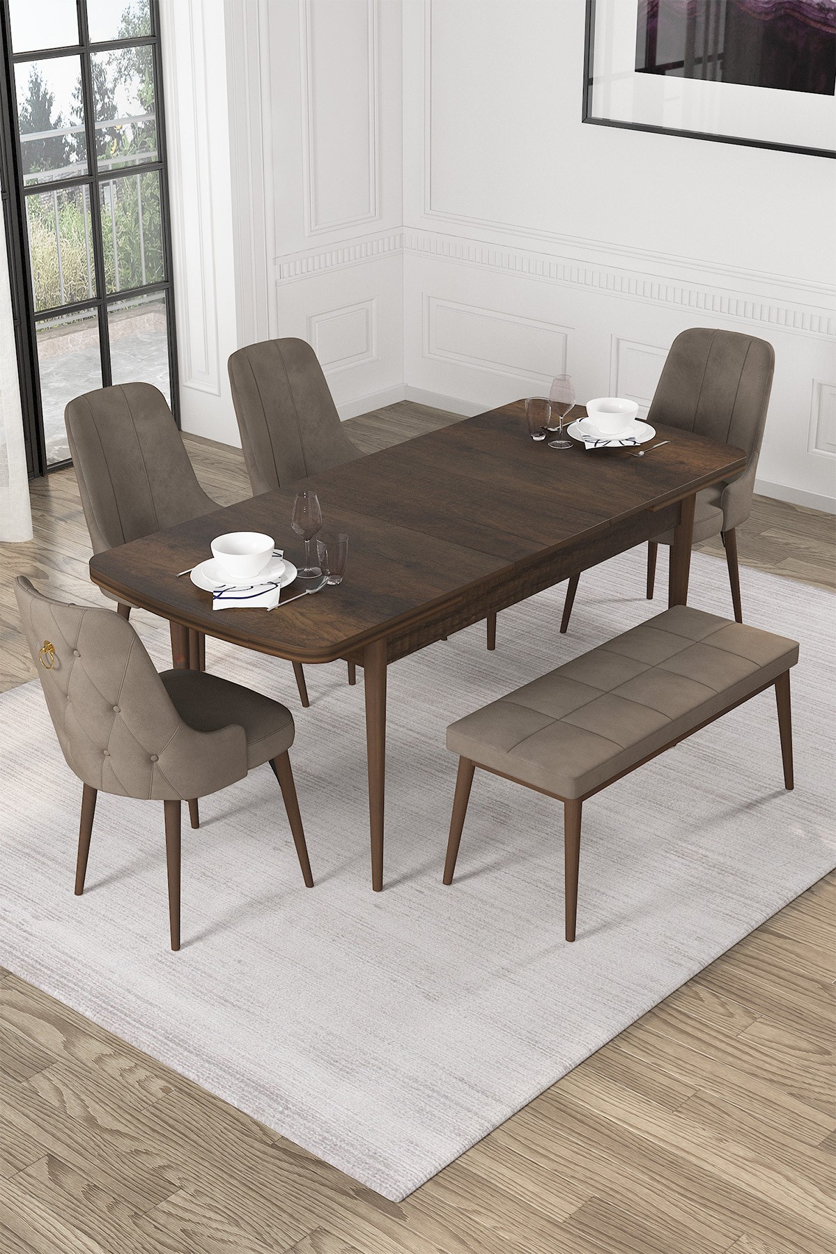 Rovena Alya Barok Desen 80x132 Mdf Açılabilir Yemek Masası Takımı 4 Sandalye 1 Bench