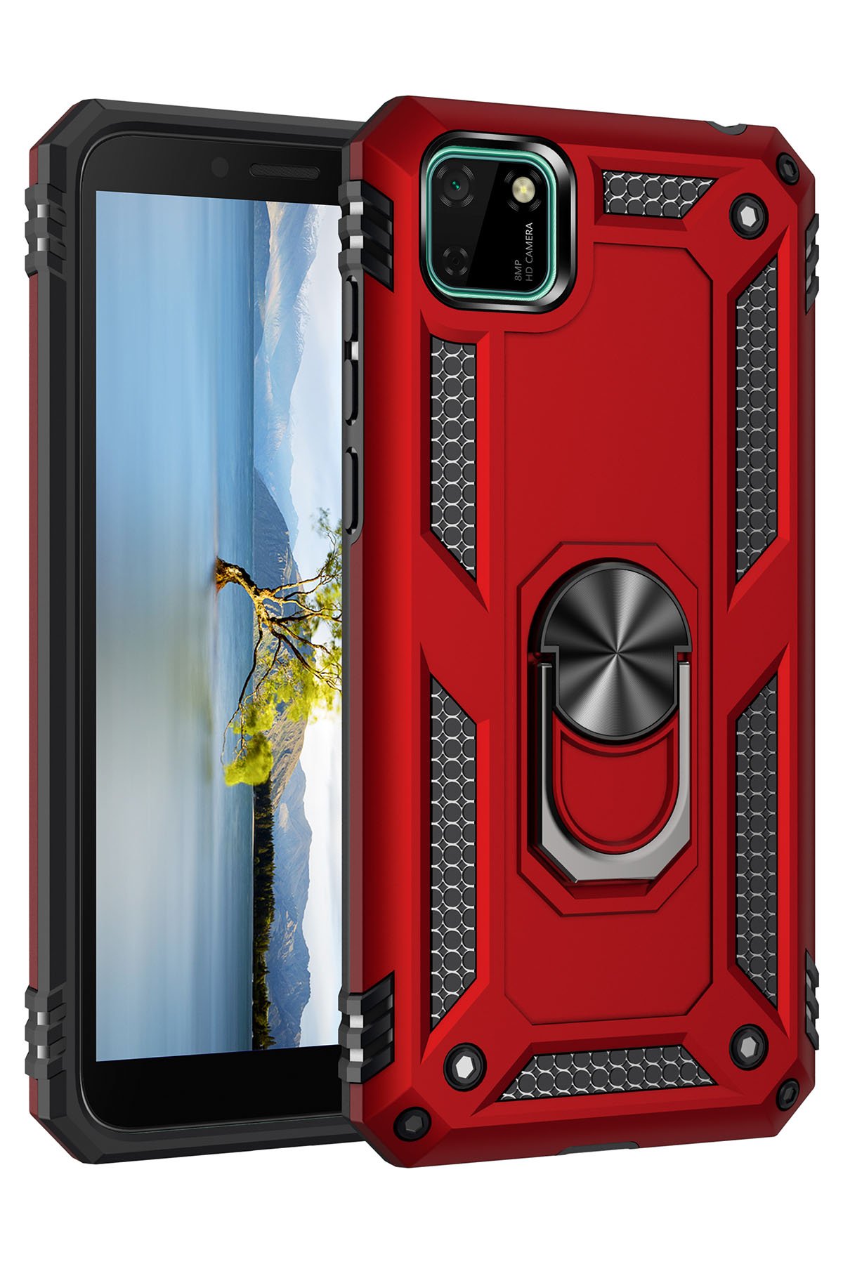 NewFace Newface Huawei Y5P Kılıf Sofya Yüzüklü Silikon Kapak - Kırmızı DH10414