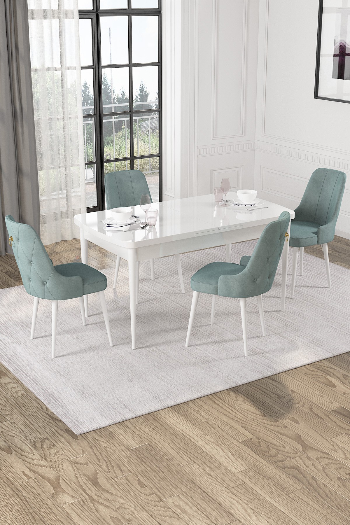 Rovena Alya Beyaz 80x132 Açılabilir Mdf Yemek Masası Takımı 4 Adet Sandalye