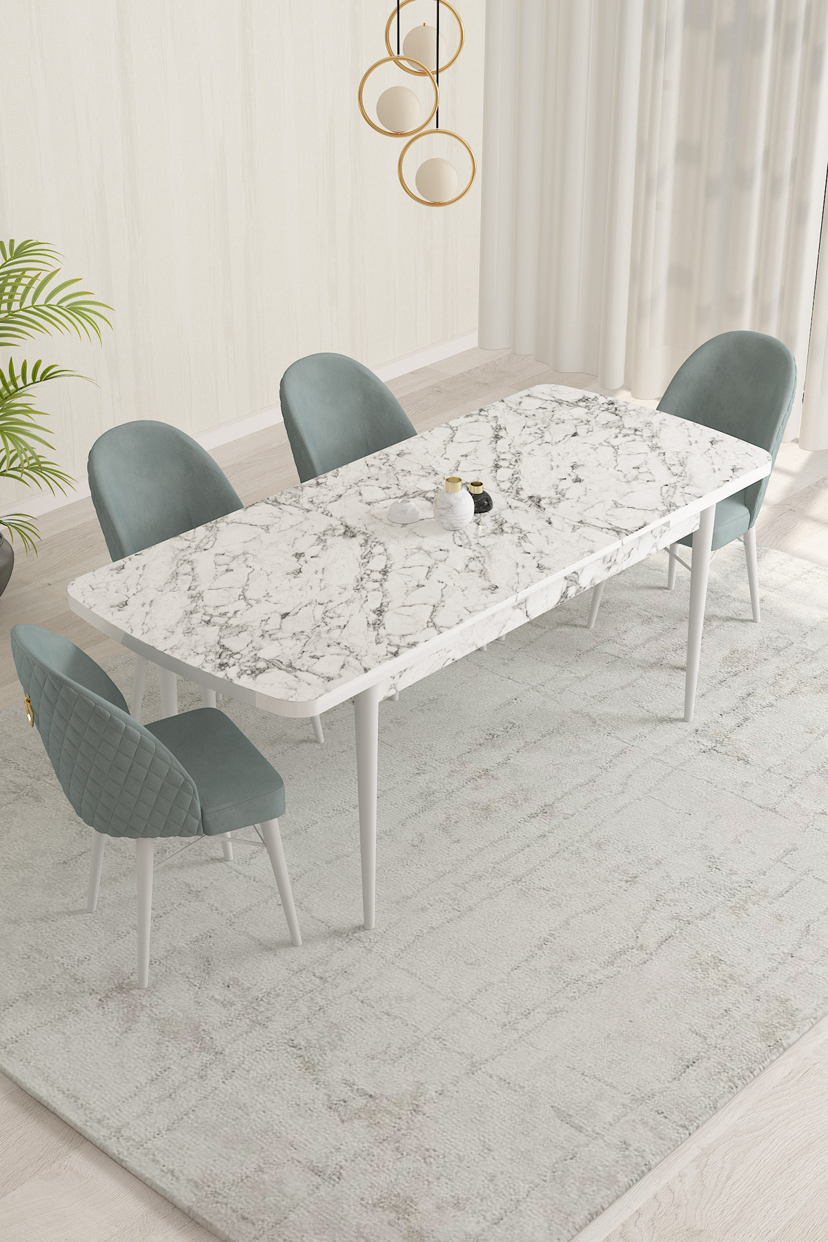 Rovena Marsilya Beyaz Mermer Desen 80x132 Mdf Açılabilir Yemek Masası Takımı 4 Adet Sandalye