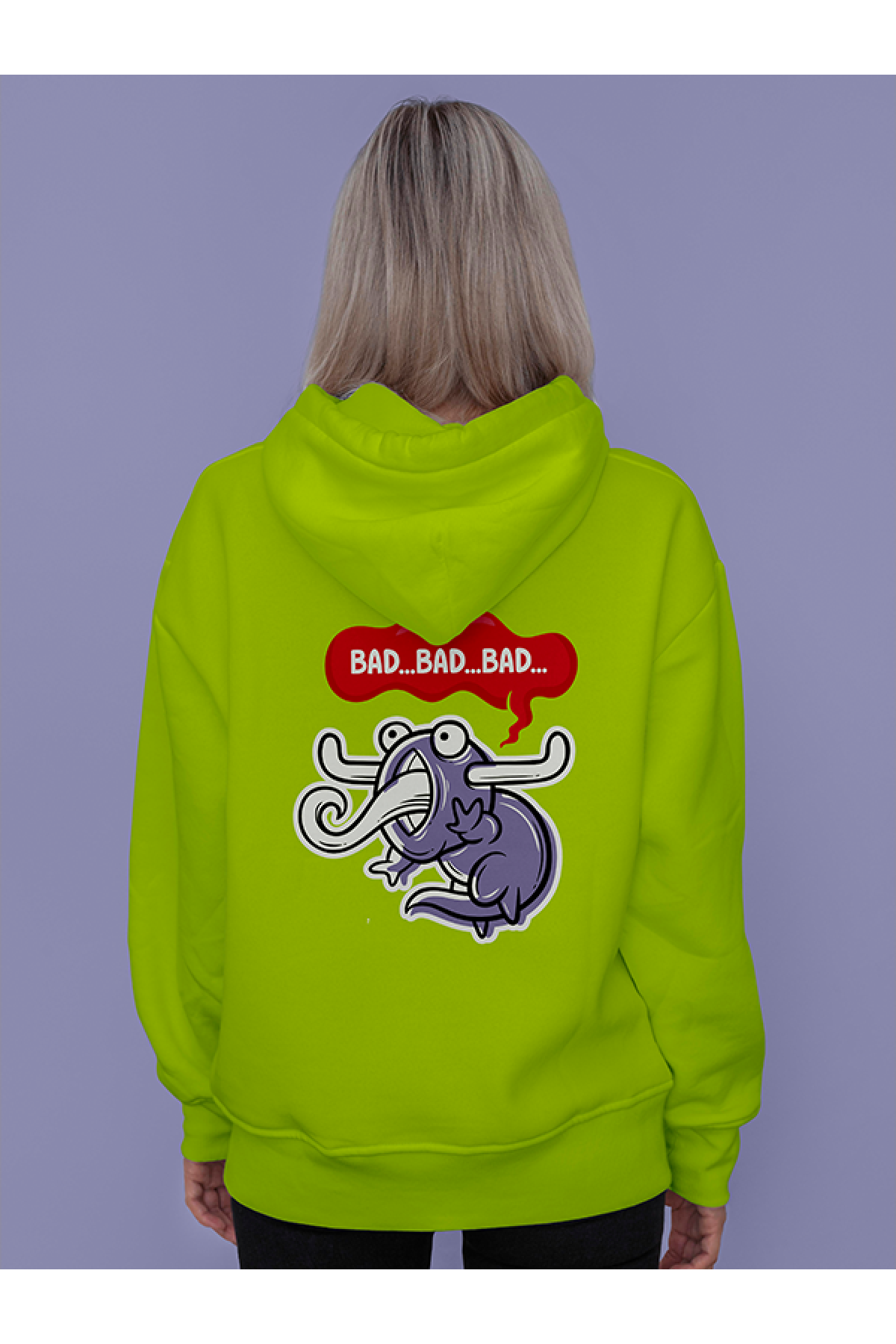 MIJUSTORE Monster Arkası Baskılı Tasarım 3 İplik Kalın Neon Sarı Hoodie Sweatshirt