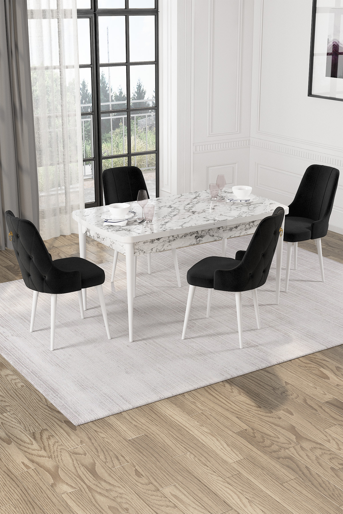 Rovena Lila Beyaz Mermer Desen 70x114 Mdf Açılabilir Yemek Masası Takımı 4 Adet Sandalye