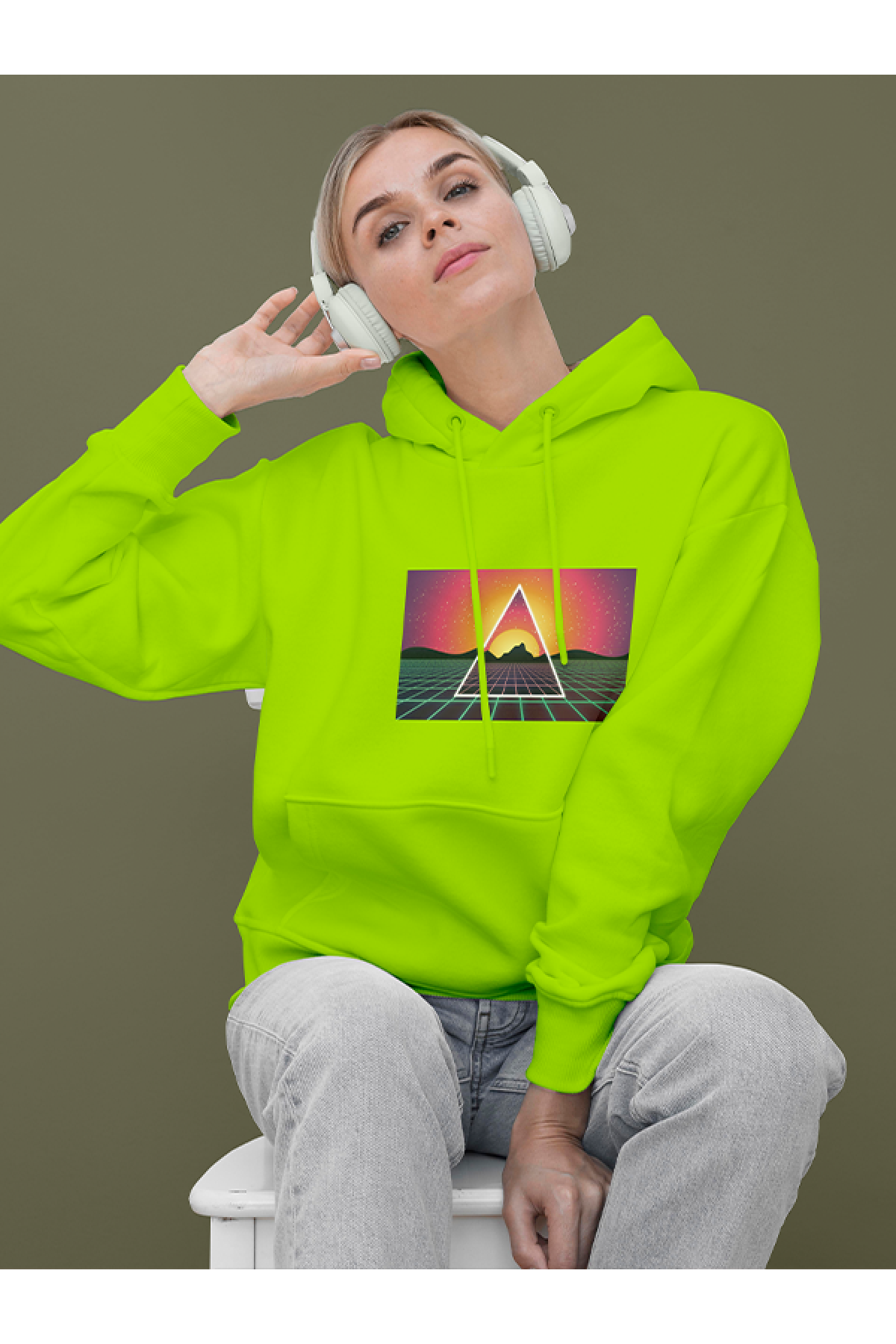 MIJUSTORE Vapor Wave Renkli Design Baskılı Tasarım 3 İplik Kalın Neon Sarı Hoodie Sweatshirt