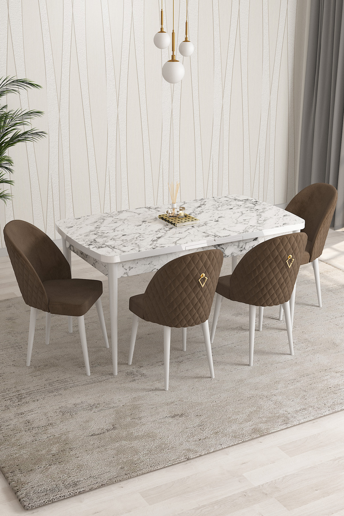 Rovena Modica Beyaz Mermer Desen 80x132 Açılabilir Yemek Masası Takımı 4 Adet Sandalye