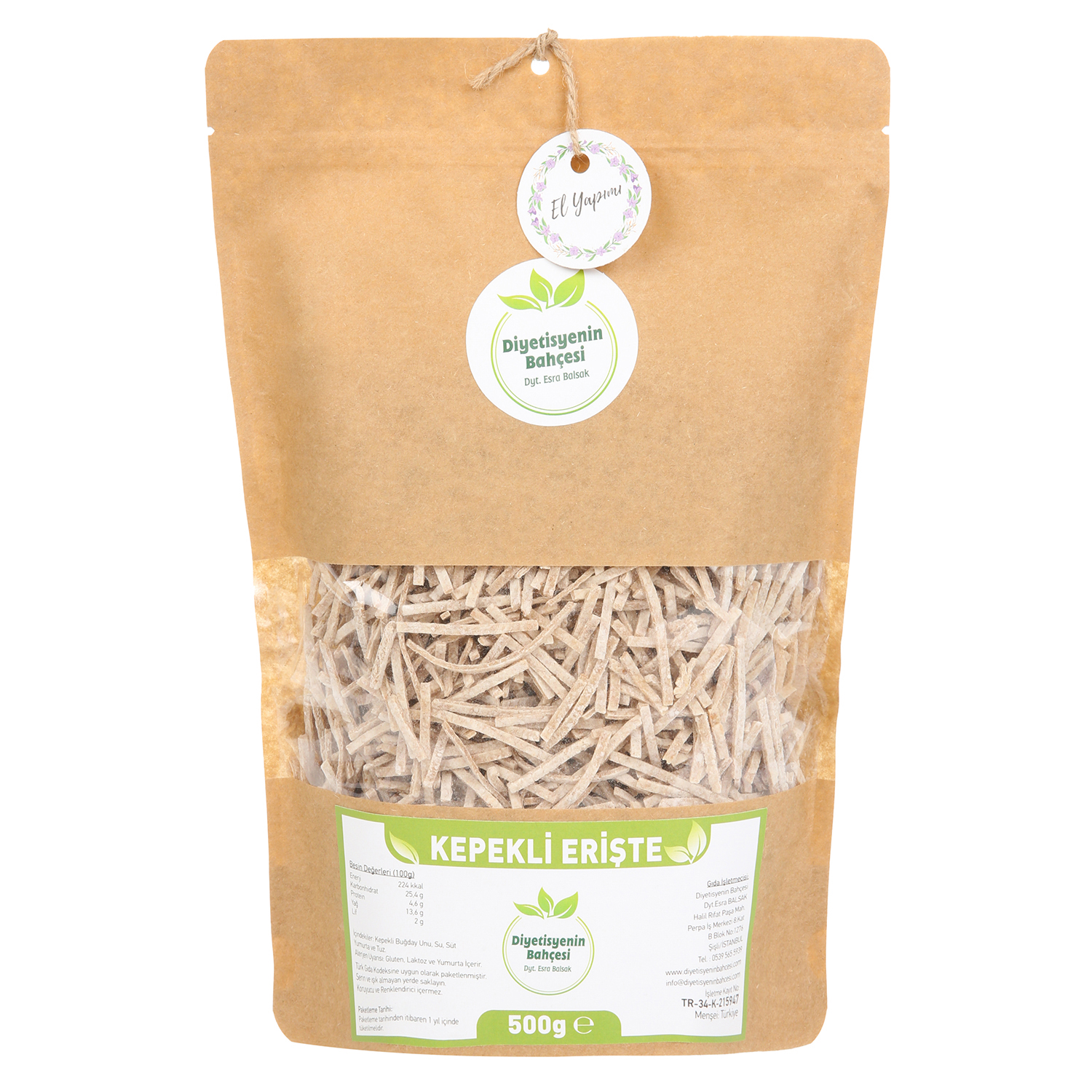 Diyetisyenin Bahçesi-Dyt.Esra Kepekli Erişte (500g) Diyetisyenin Bahçesi-Dyt.Esra Kepekli Erişte (500g)
