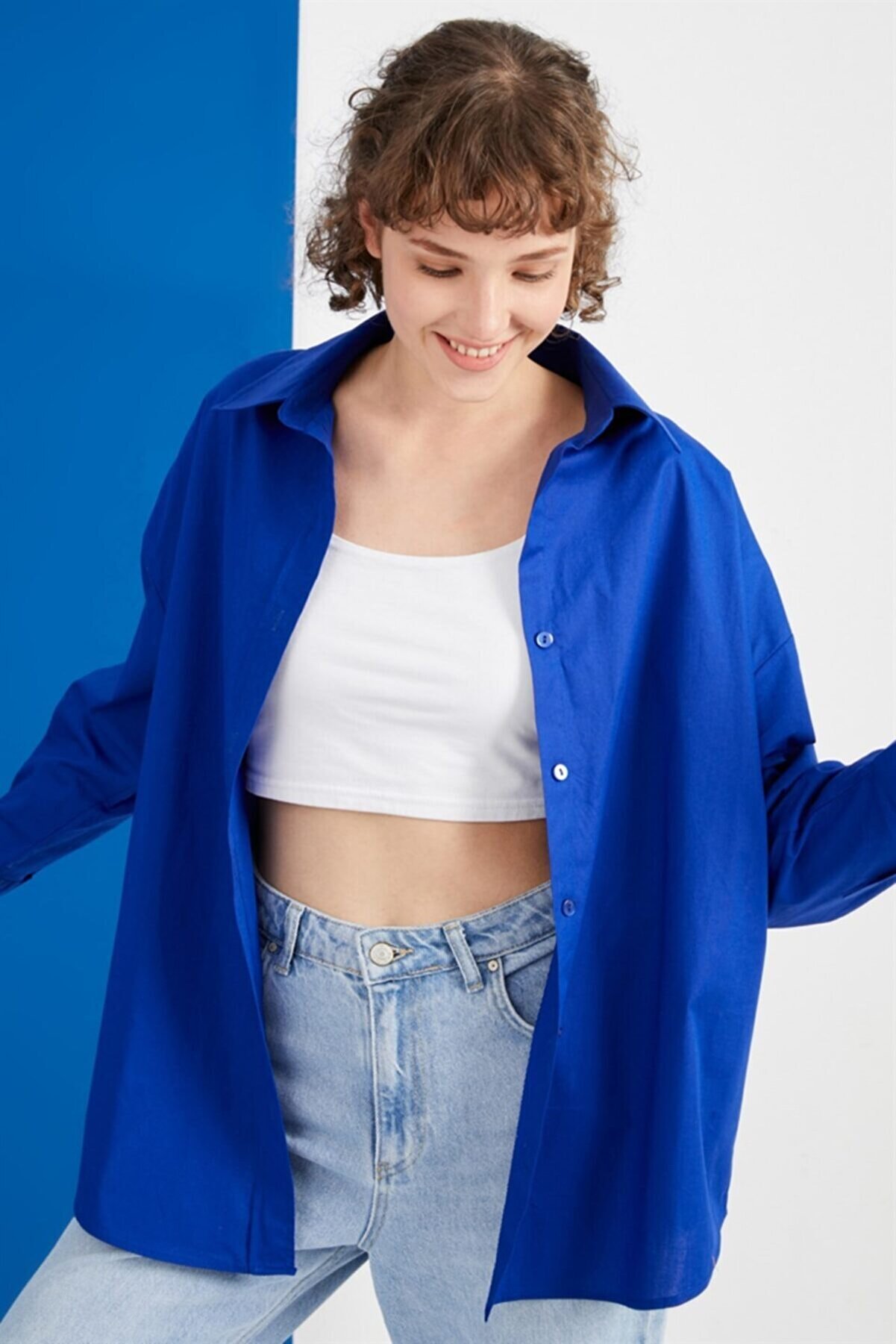 VOLT CLOTHİNG Kadın Saks Mavisi Oversize Uzun Basic Gömlek