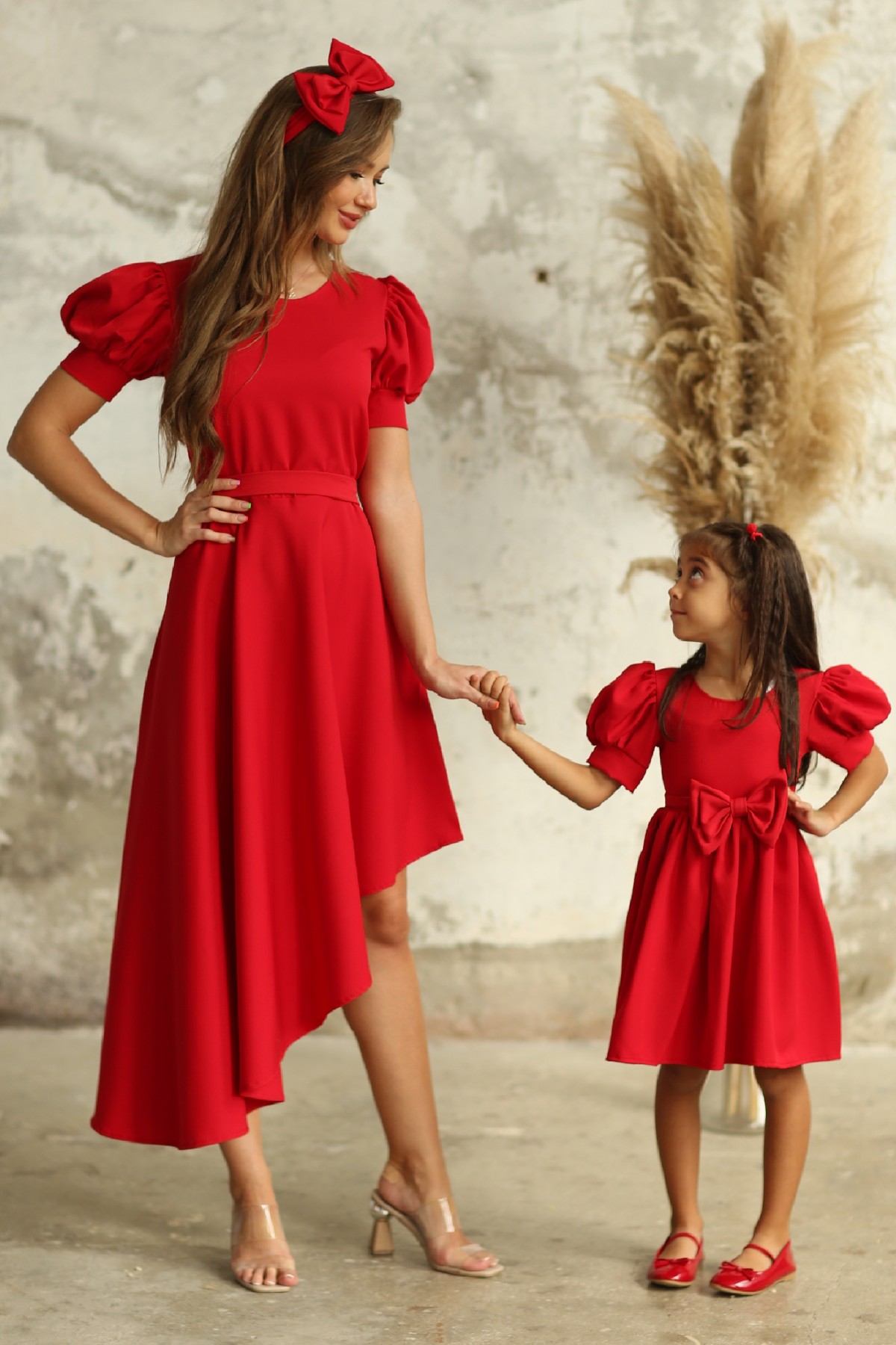 KÜÇÜĞÜM BUTİK Kırmızı Asimetrik Kesim Karpuz Kol Anne Kız Tasarımı (Anne ve Çocuk Ayrı Ayrı Sepete Eklenmelidir)