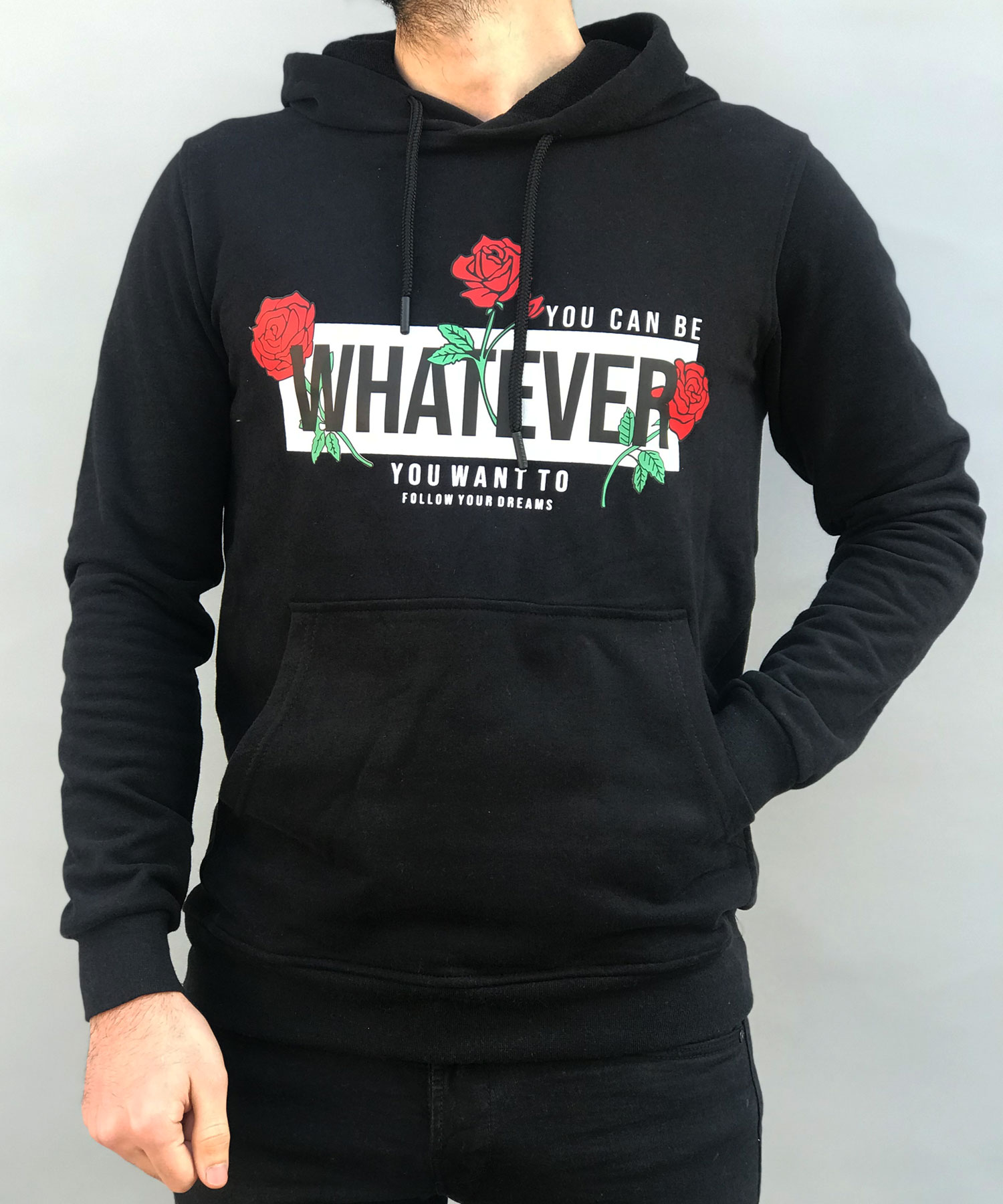 İnsane Minds Whatever Baskılı Güllü Siyah Kapşonlu Sweatshirt