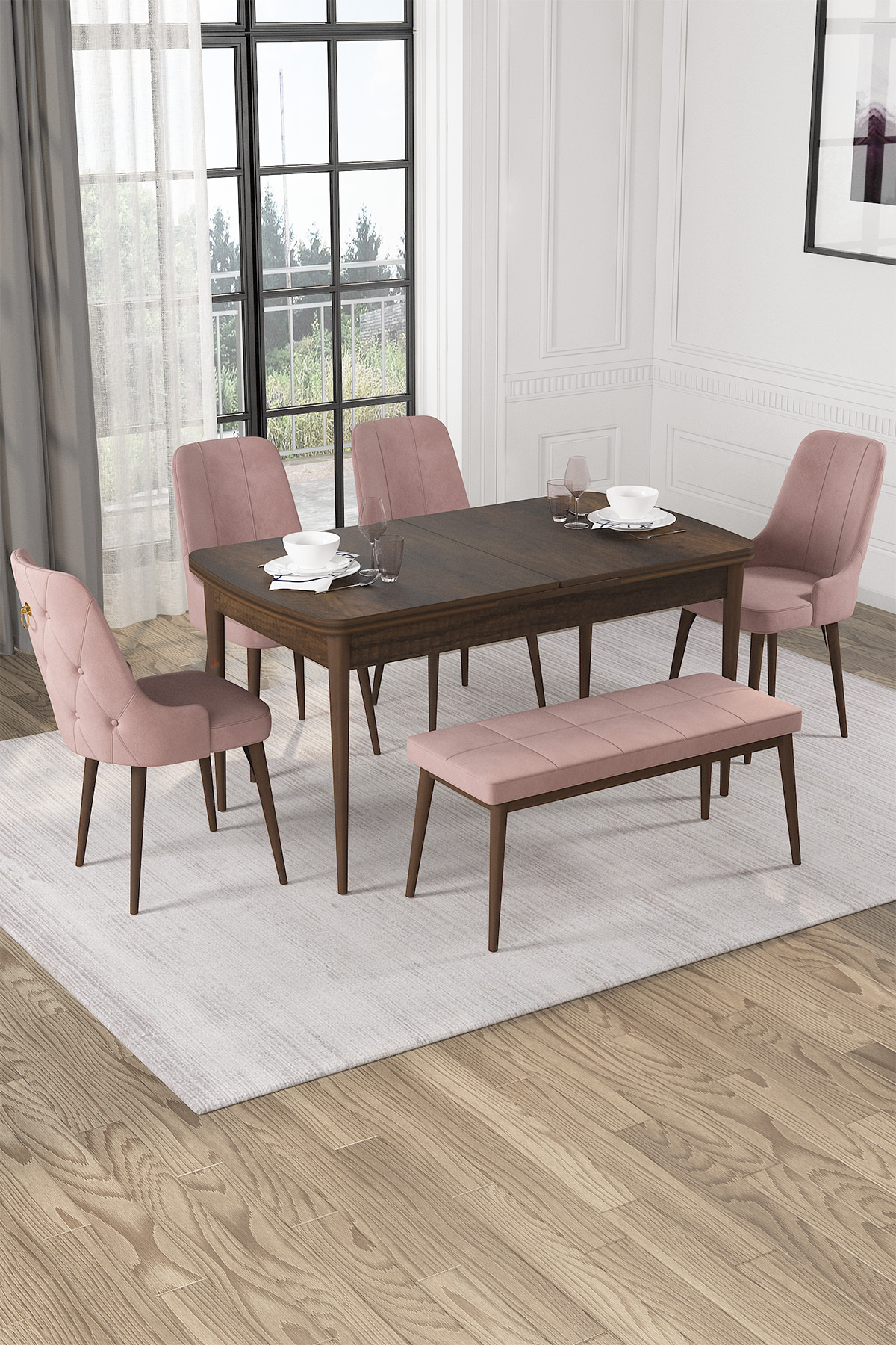 Rovena Alya Barok Desen 80x132 Mdf Açılabilir Yemek Masası Takımı 4 Sandalye 1 Bench Rovena Alya Barok Desen 80x132 Mdf Açılabilir Yemek Masası Takımı 4 Sandalye 1 Bench