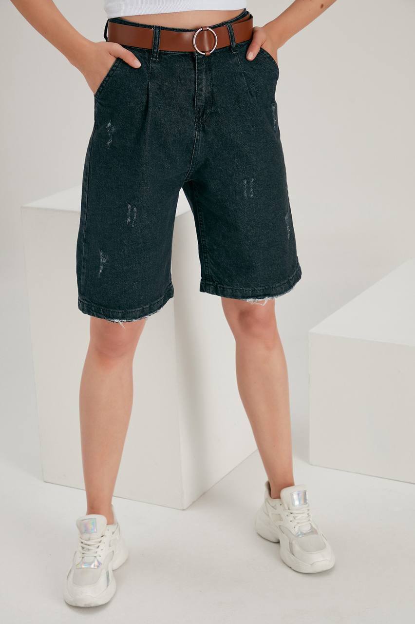 MARKETUNGA MARKETUNGA KADIN UZUN DENİM LAZER DESENLİ KEMERLİ ŞORT JEANS SİYAH