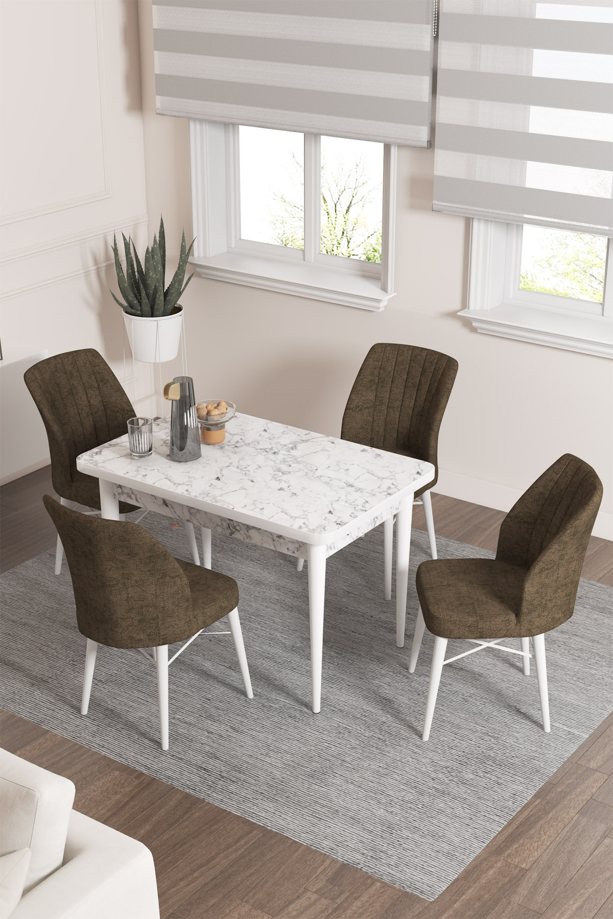 Rovena Lera Beyaz Mermer Desen 70x110 Mdf Sabit Yemek Masası Takımı 4 Adet Sandalye