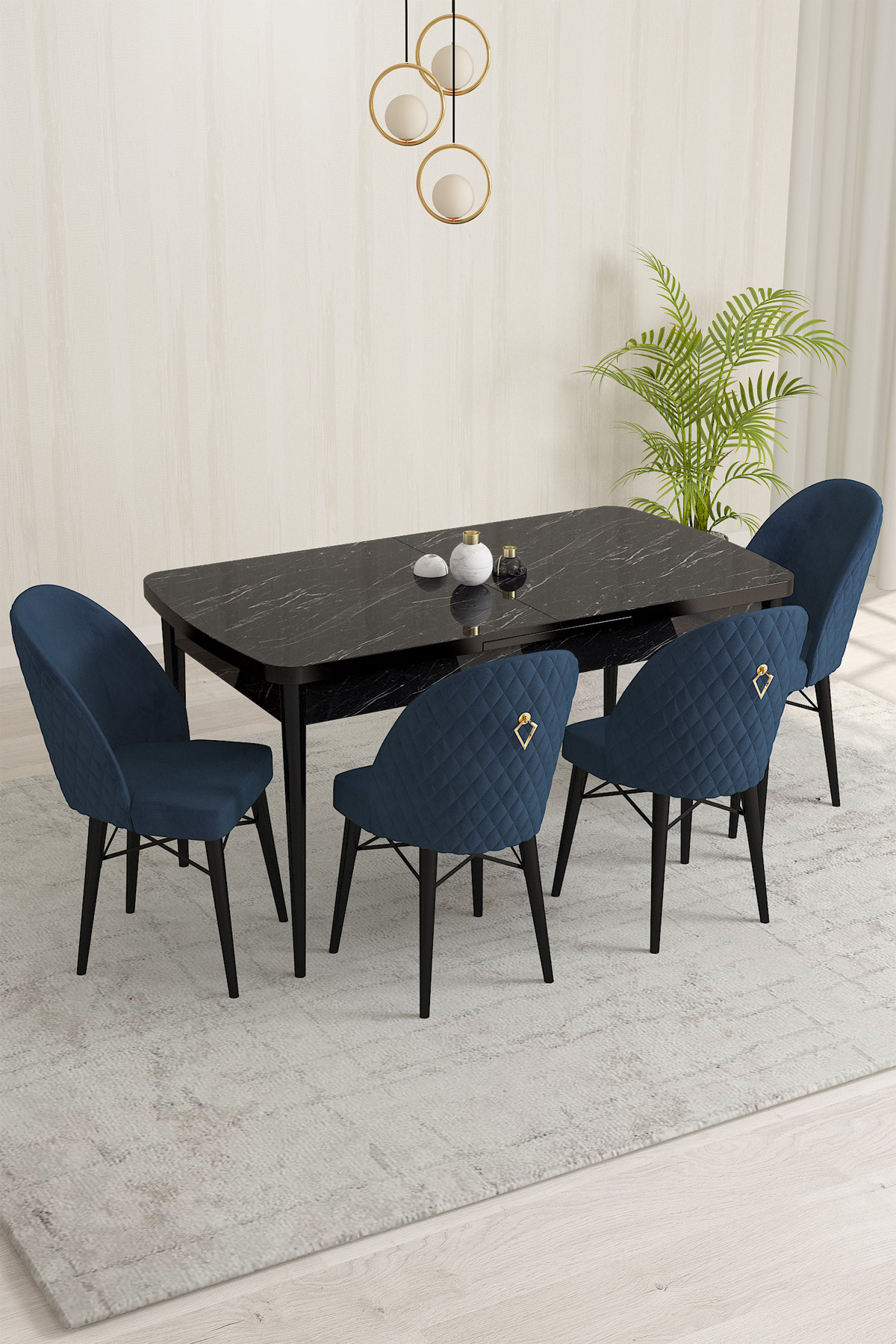 Rovena Marsilya Siyah Mermer Desen 80x132 Mdf Açılabilir Yemek Masası Takımı 4 Adet Sandalye