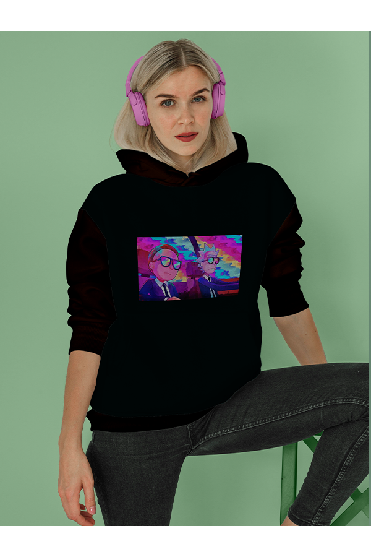 MIJUSTORE Rick and Morty Baskılı Tasarım 3 İplik Kalın Sarı Hoodie Sweatshirt