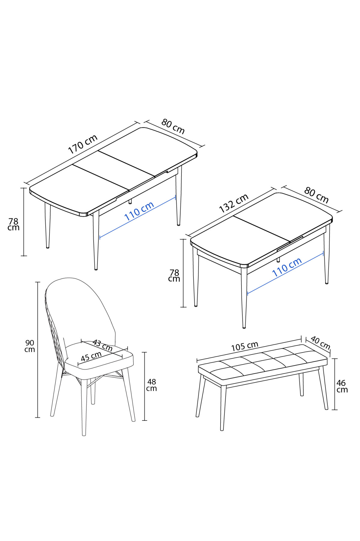 Rovena Olbia Beyaz 80x132 Açılabilir Mutfak Masası Takımı 4 Sandalye 1 Bench
