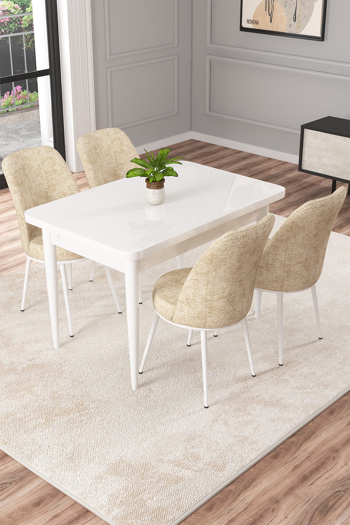 Rovena Duru Beyaz 70x110 Mdf Sabit Yemek Masası Takımı 4 Adet Sandalye