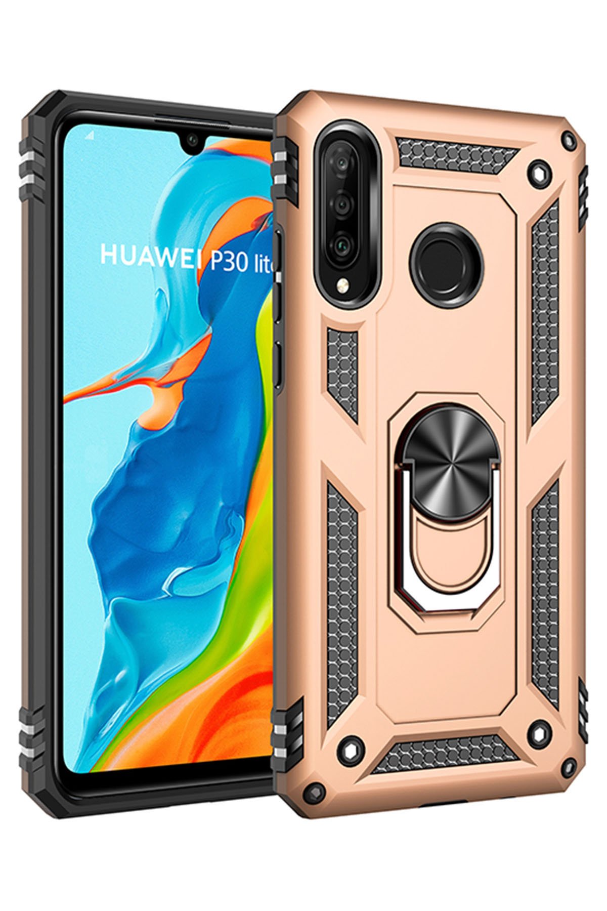 NewFace Newface Huawei P30 Lite Kılıf Sofya Yüzüklü Silikon Kapak - Gold